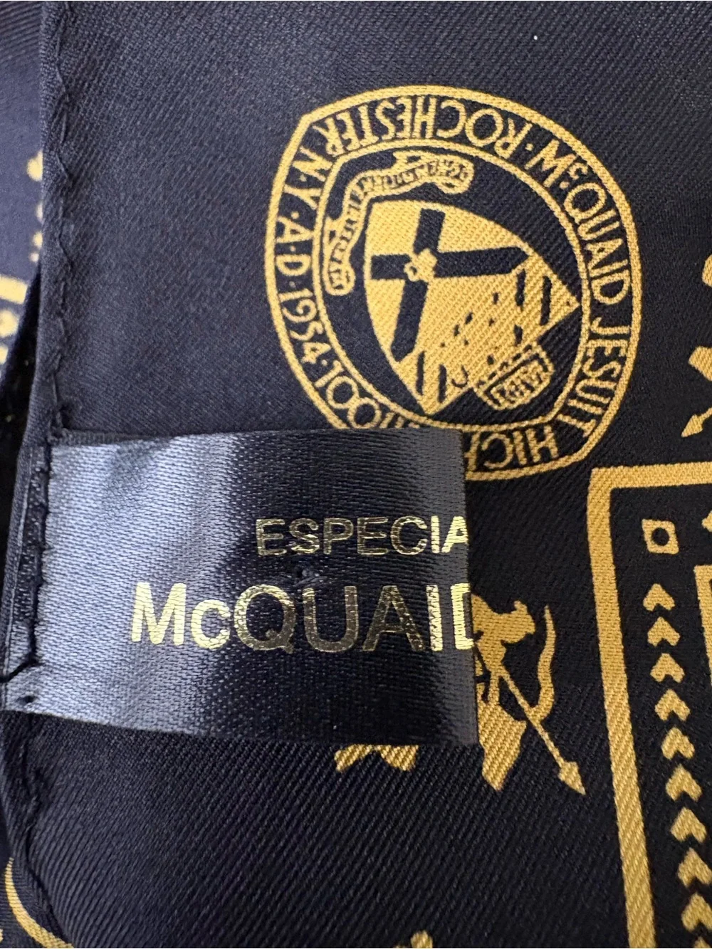 McQuaid Jesuit High School 100% Silk Commemorative Scarf Black Gold Vintage